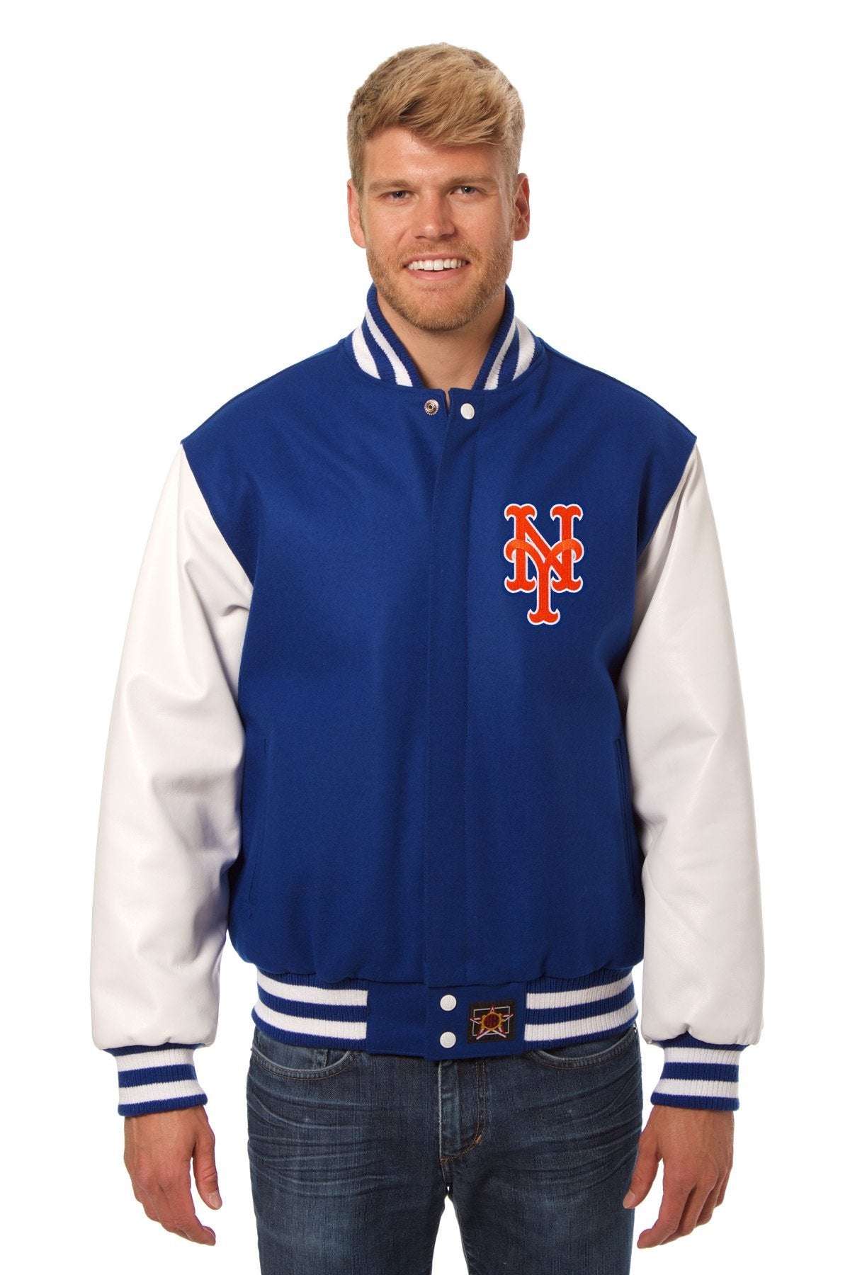 NEW YORK METS TWO-TONE WOOL AND LEATHER JACKET - ROYAL