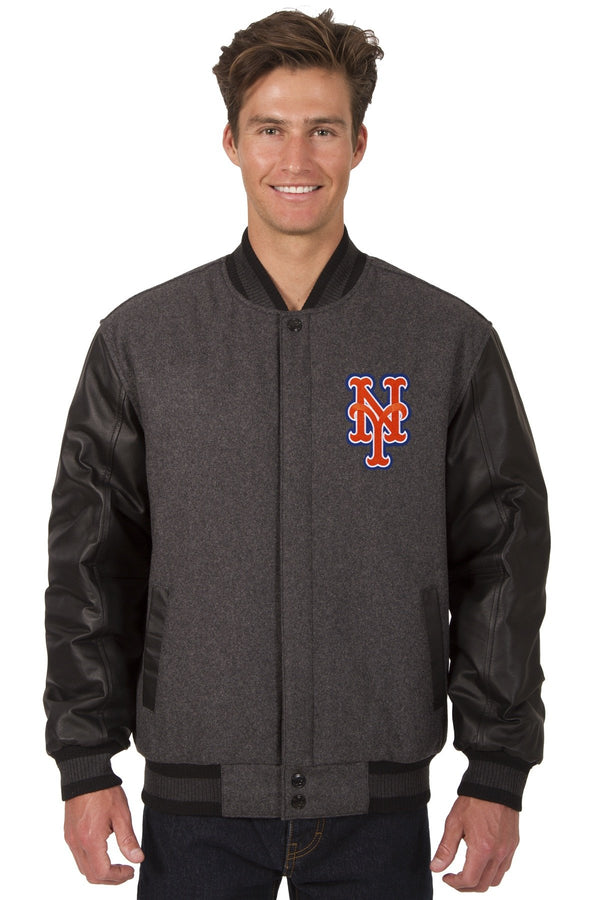 NEW YORK METS WOOL & LEATHER REVERSIBLE JACKET W/ EMBROIDERED LOGOS - CHARCOAL/BLACK