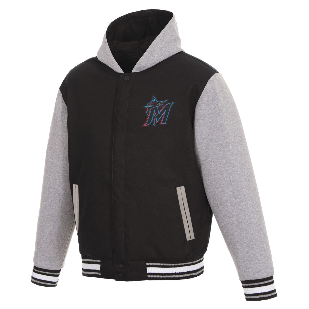MIAMI MARLINS TWO-TONE REVERSIBLE FLEECE HOODED JACKET - BLACK/GREY