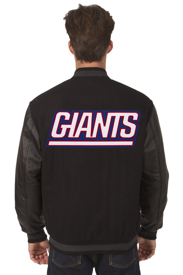 NEW YORK GIANTS WOOL & LEATHER REVERSIBLE JACKET W/ EMBROIDERED LOGOS - BLACK