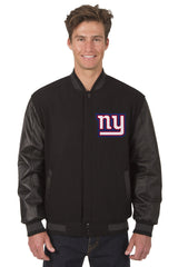 NEW YORK GIANTS WOOL & LEATHER REVERSIBLE JACKET W/ EMBROIDERED LOGOS - BLACK