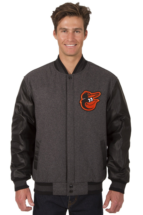 BALTIMORE ORIOLES WOOL & LEATHER REVERSIBLE JACKET W/ EMBROIDERED LOGOS - CHARCOAL/BLACK