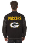 GREEN BAY PACKERS WOOL & LEATHER REVERSIBLE JACKET W/ EMBROIDERED LOGOS - BLACK