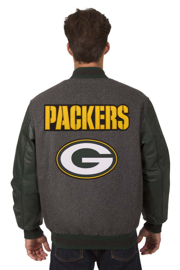 GREEN BAY PACKERS WOOL & LEATHER REVERSIBLE JACKET W/ EMBROIDERED LOGOS - CHARCOAL/GREEN