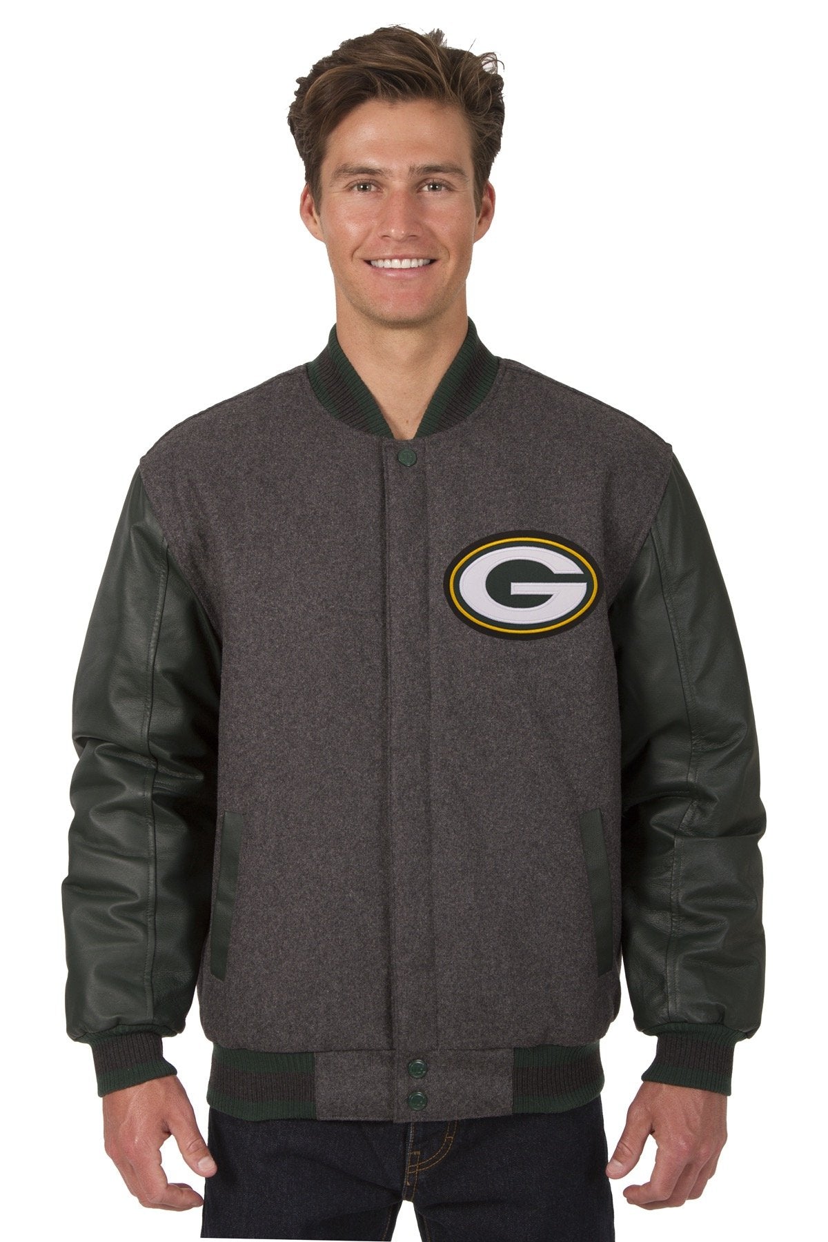 GREEN BAY PACKERS WOOL & LEATHER REVERSIBLE JACKET W/ EMBROIDERED LOGOS - CHARCOAL/GREEN