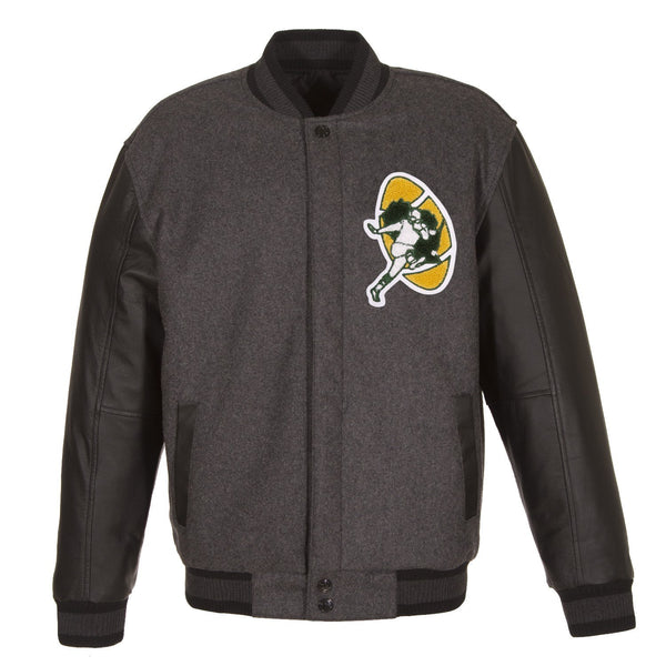 GREEN BAY PACKERS WOOL & LEATHER THROWBACK REVERSIBLE JACKET - CHARCOAL