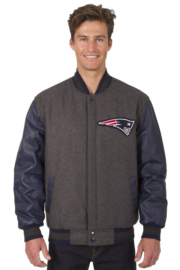 New England Patriots Reversible Wool and Leather Jacket (Front and Back Logos)