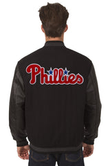 PHILADELPHIA PHILLIES WOOL & LEATHER REVERSIBLE JACKET W/ EMBROIDERED LOGOS - BLACK