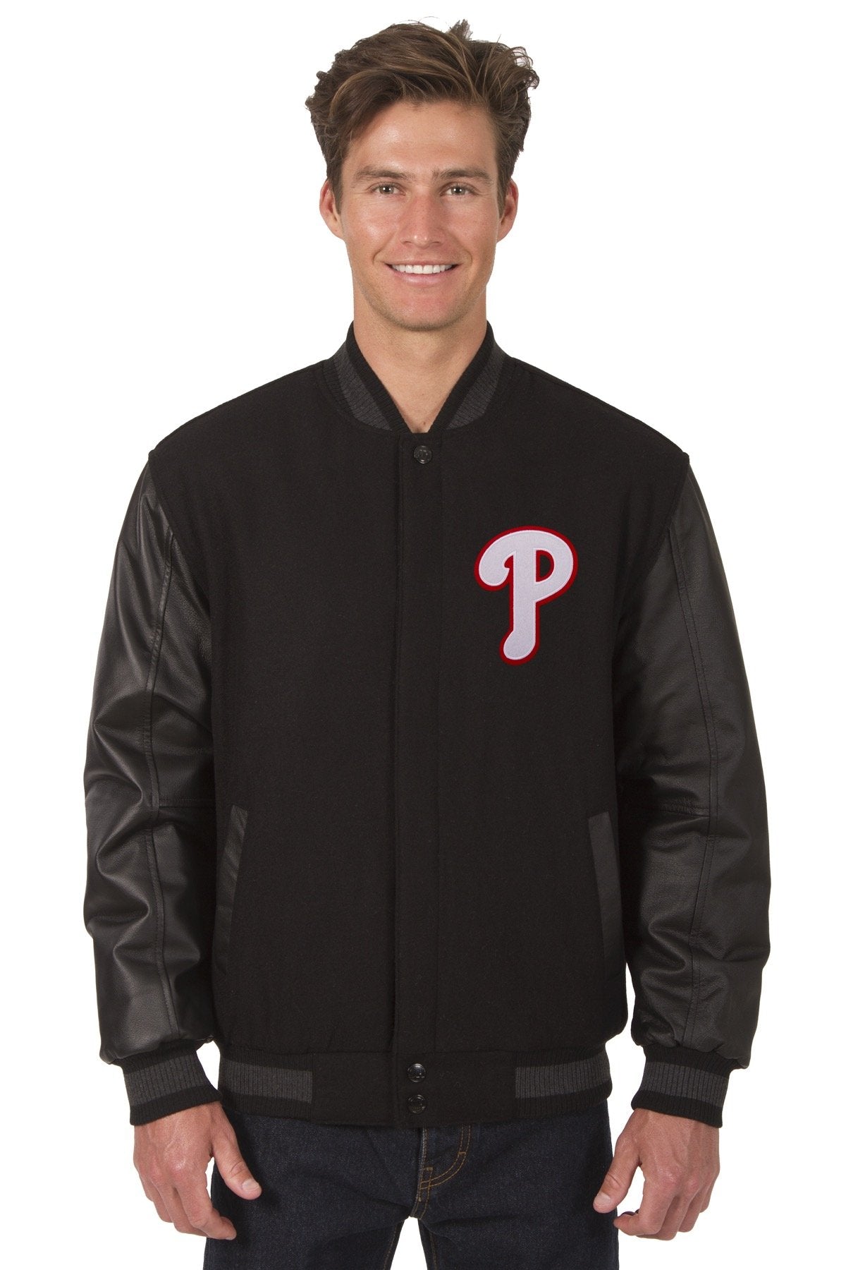 PHILADELPHIA PHILLIES WOOL & LEATHER REVERSIBLE JACKET W/ EMBROIDERED LOGOS - BLACK