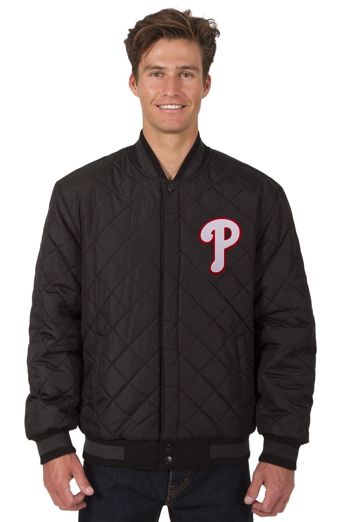 PHILADELPHIA PHILLIES WOOL & LEATHER REVERSIBLE JACKET W/ EMBROIDERED LOGOS - BLACK
