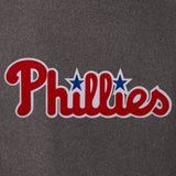 PHILADELPHIA PHILLIES WOOL & LEATHER REVERSIBLE JACKET W/ EMBROIDERED LOGOS - CHARCOAL/BLACK