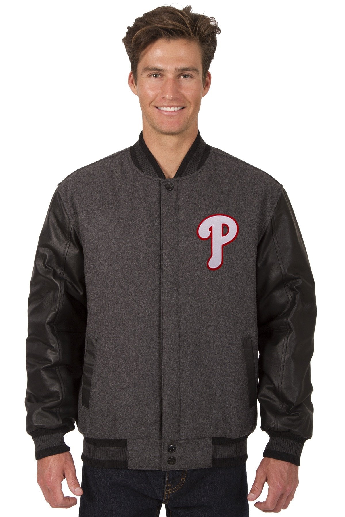 PHILADELPHIA PHILLIES WOOL & LEATHER REVERSIBLE JACKET W/ EMBROIDERED LOGOS - CHARCOAL/BLACK