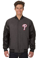 PHILADELPHIA PHILLIES WOOL & LEATHER REVERSIBLE JACKET W/ EMBROIDERED LOGOS - CHARCOAL/BLACK