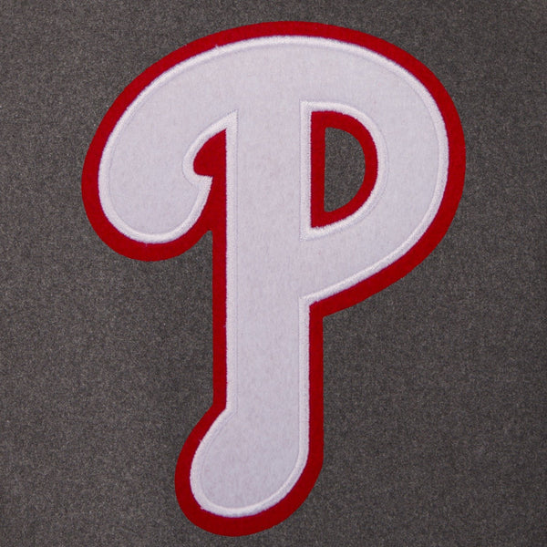 PHILADELPHIA PHILLIES WOOL & LEATHER REVERSIBLE JACKET W/ EMBROIDERED LOGOS - CHARCOAL/BLACK
