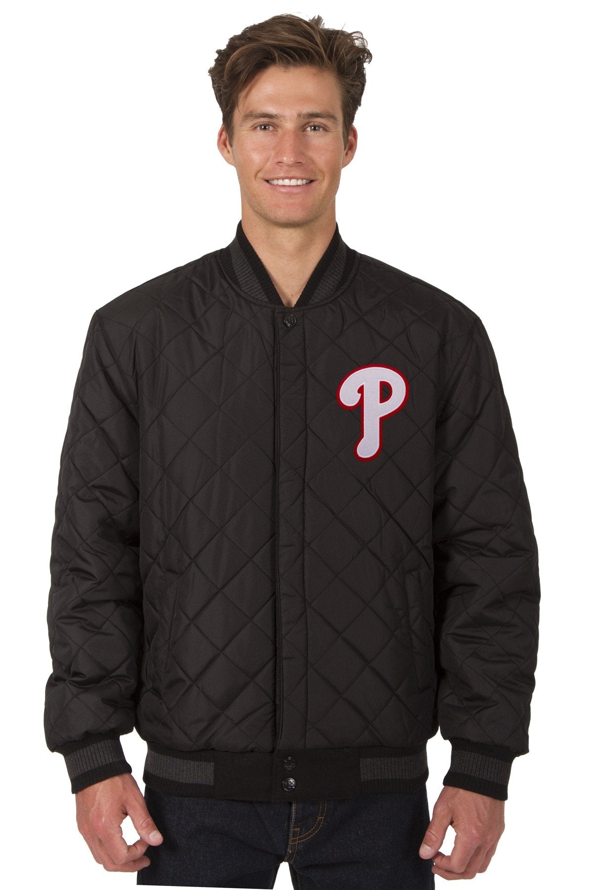PHILADELPHIA PHILLIES WOOL & LEATHER REVERSIBLE JACKET W/ EMBROIDERED LOGOS - CHARCOAL/BLACK