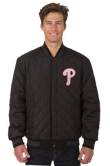 PHILADELPHIA PHILLIES WOOL & LEATHER REVERSIBLE JACKET W/ EMBROIDERED LOGOS - CHARCOAL/BLACK