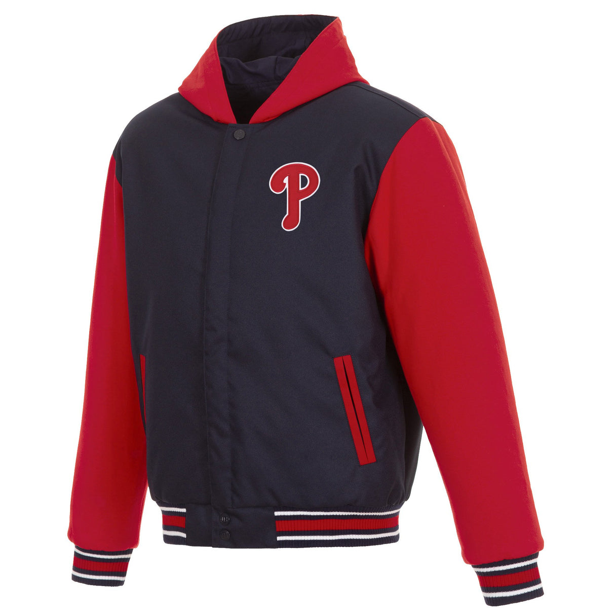 PHILADELPHIA PHILLIES TWO-TONE REVERSIBLE FLEECE HOODED JACKET - NAVY/RED