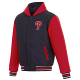 PHILADELPHIA PHILLIES TWO-TONE REVERSIBLE FLEECE HOODED JACKET - NAVY/RED