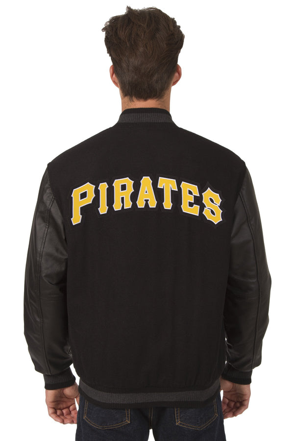 PITTSBURGH PIRATES WOOL & LEATHER REVERSIBLE JACKET W/ EMBROIDERED LOGOS - BLACK