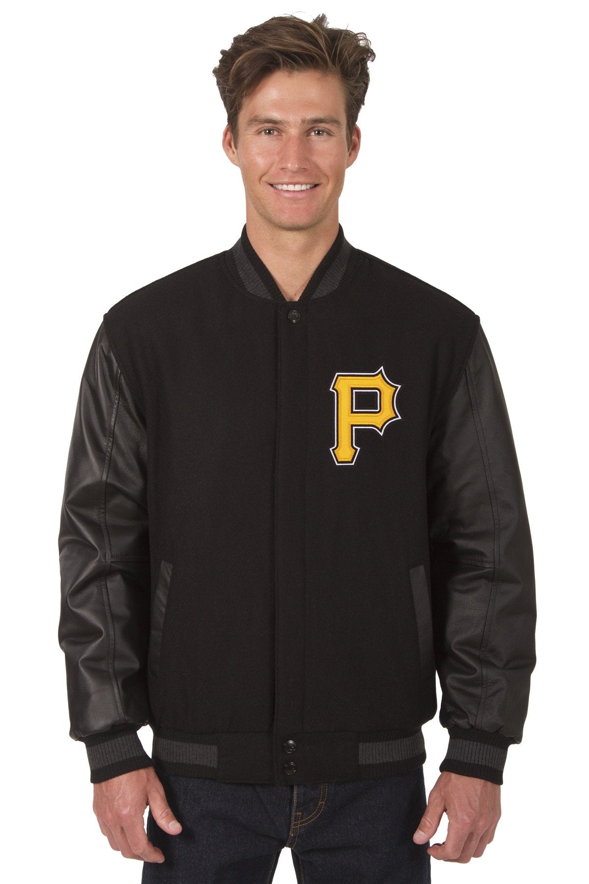 PITTSBURGH PIRATES WOOL & LEATHER REVERSIBLE JACKET W/ EMBROIDERED LOGOS - BLACK