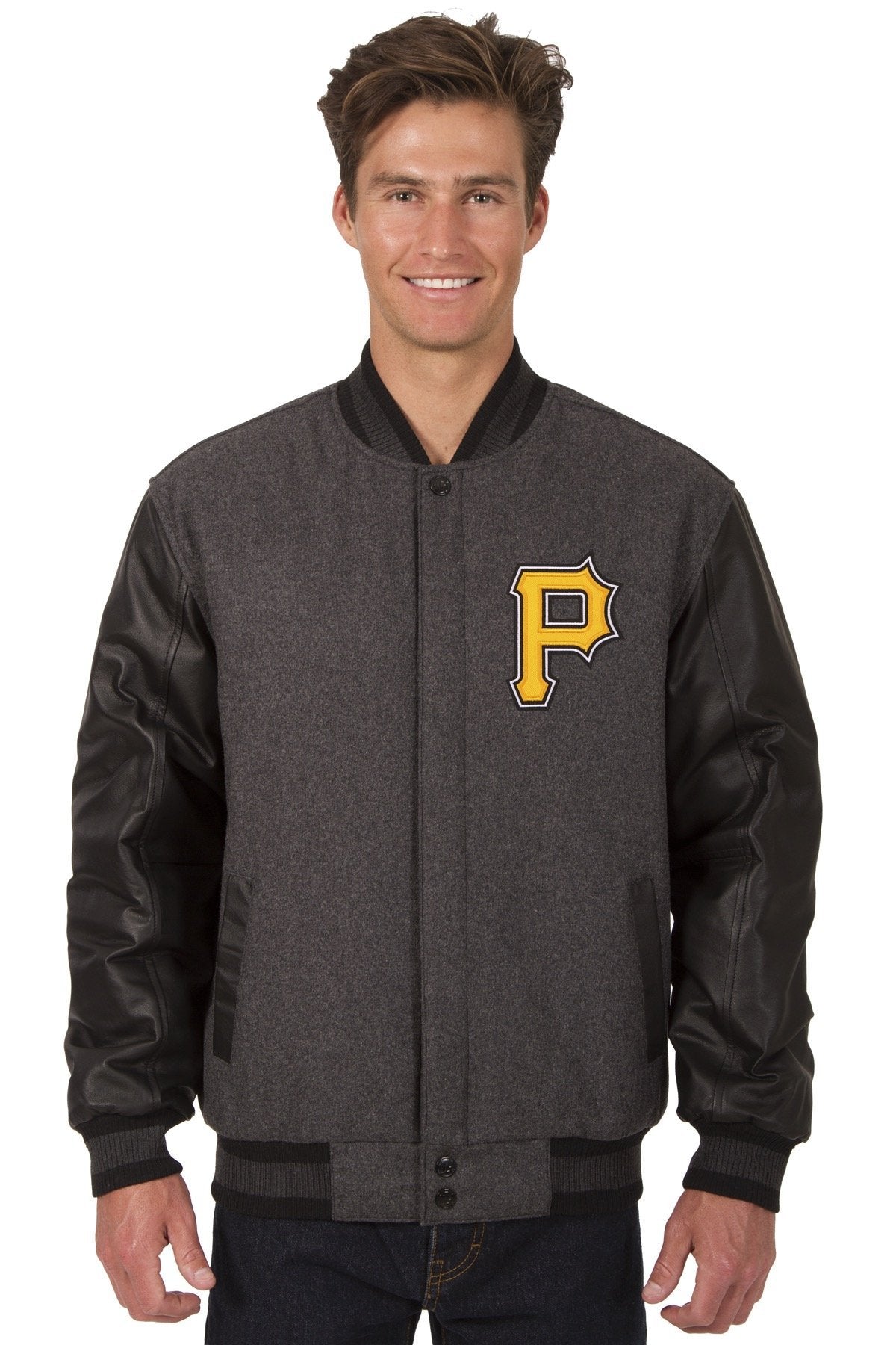 PITTSBURGH PIRATES WOOL & LEATHER REVERSIBLE JACKET W/ EMBROIDERED LOGOS - CHARCOAL/BLACK