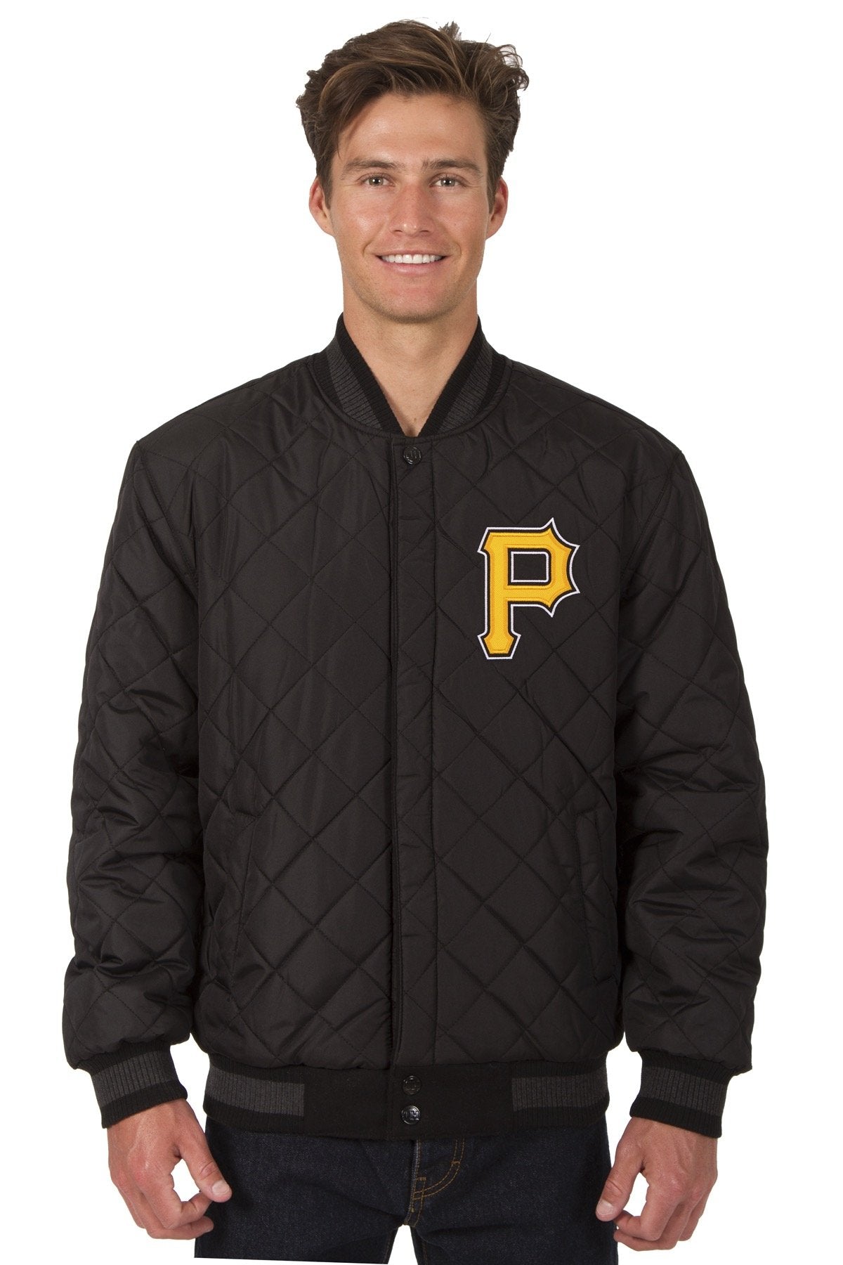 PITTSBURGH PIRATES WOOL & LEATHER REVERSIBLE JACKET W/ EMBROIDERED LOGOS - CHARCOAL/BLACK