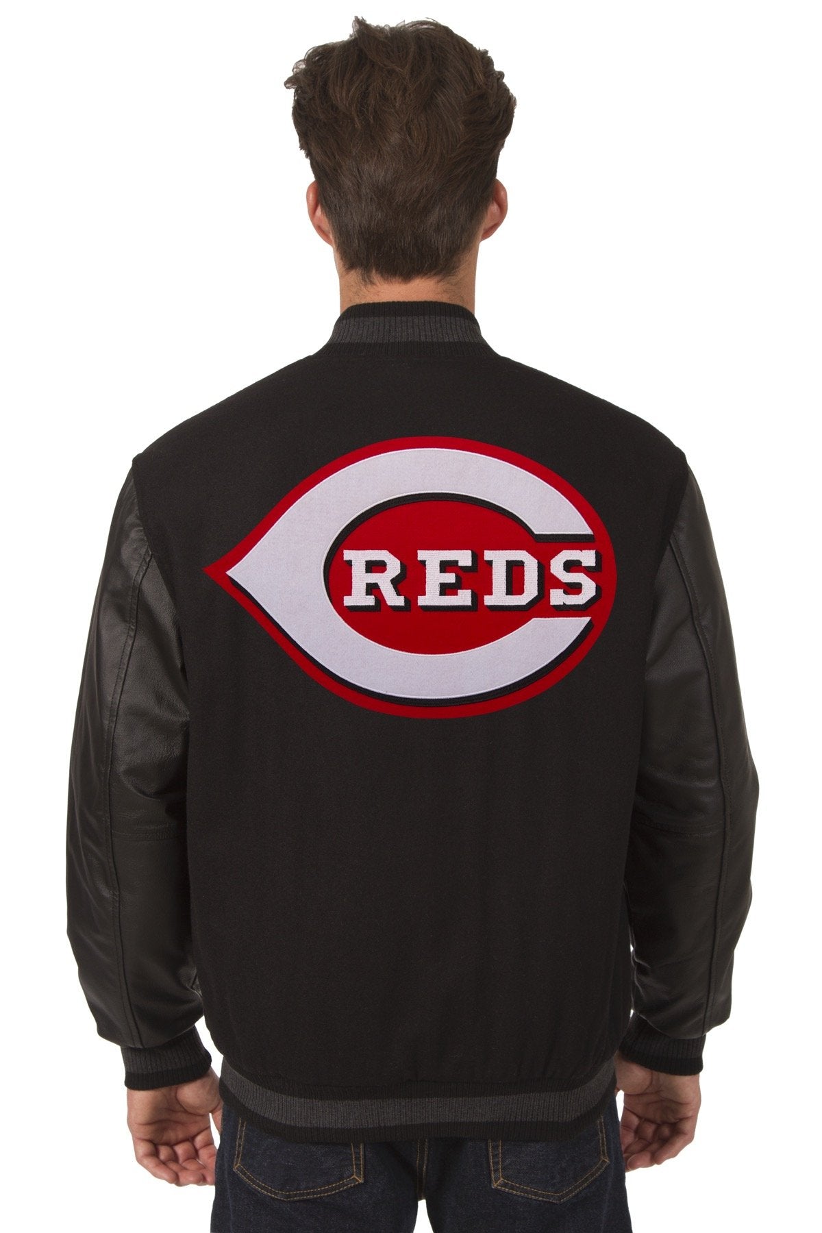 CINCINNATI REDS WOOL & LEATHER REVERSIBLE JACKET W/ EMBROIDERED LOGOS - BLACK