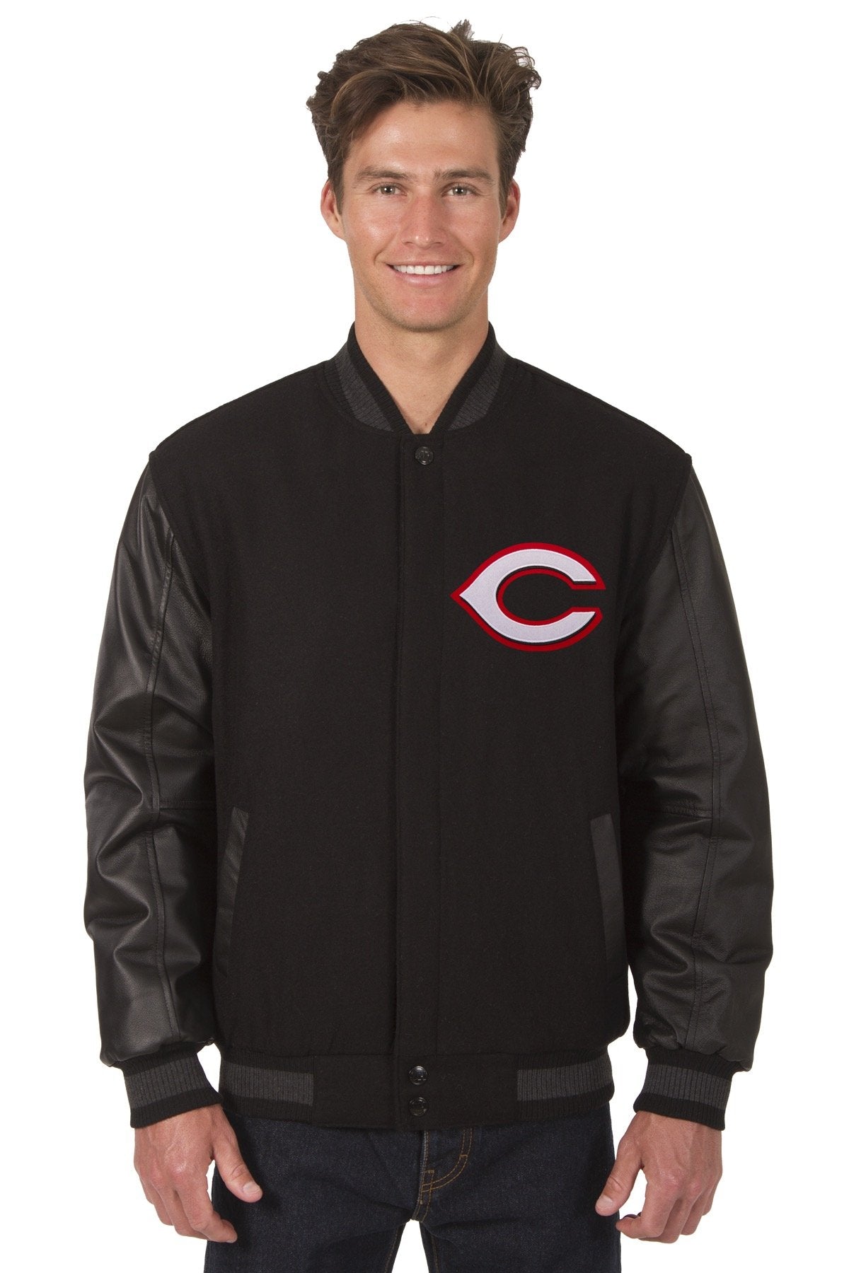 CINCINNATI REDS WOOL & LEATHER REVERSIBLE JACKET W/ EMBROIDERED LOGOS - BLACK