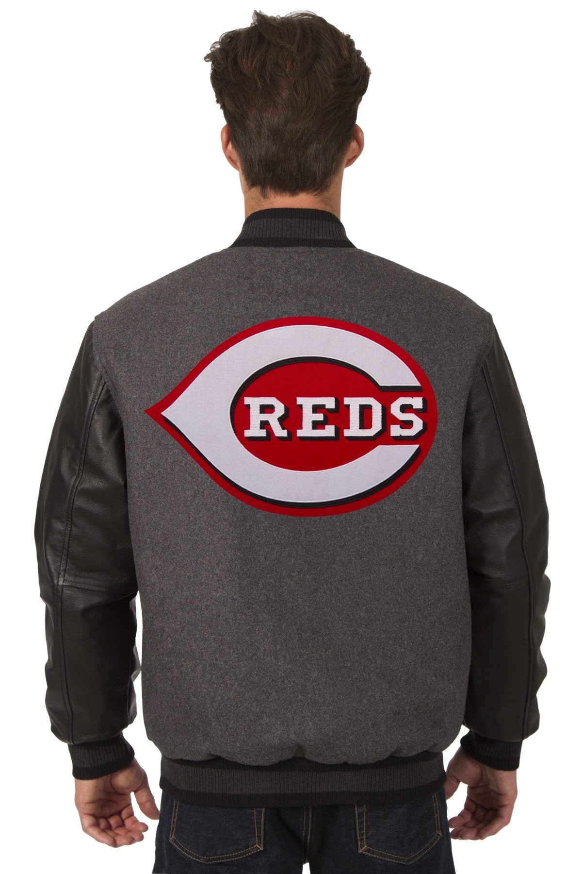CINCINNATI REDS WOOL & LEATHER REVERSIBLE JACKET W/ EMBROIDERED LOGOS - CHARCOAL/BLACK