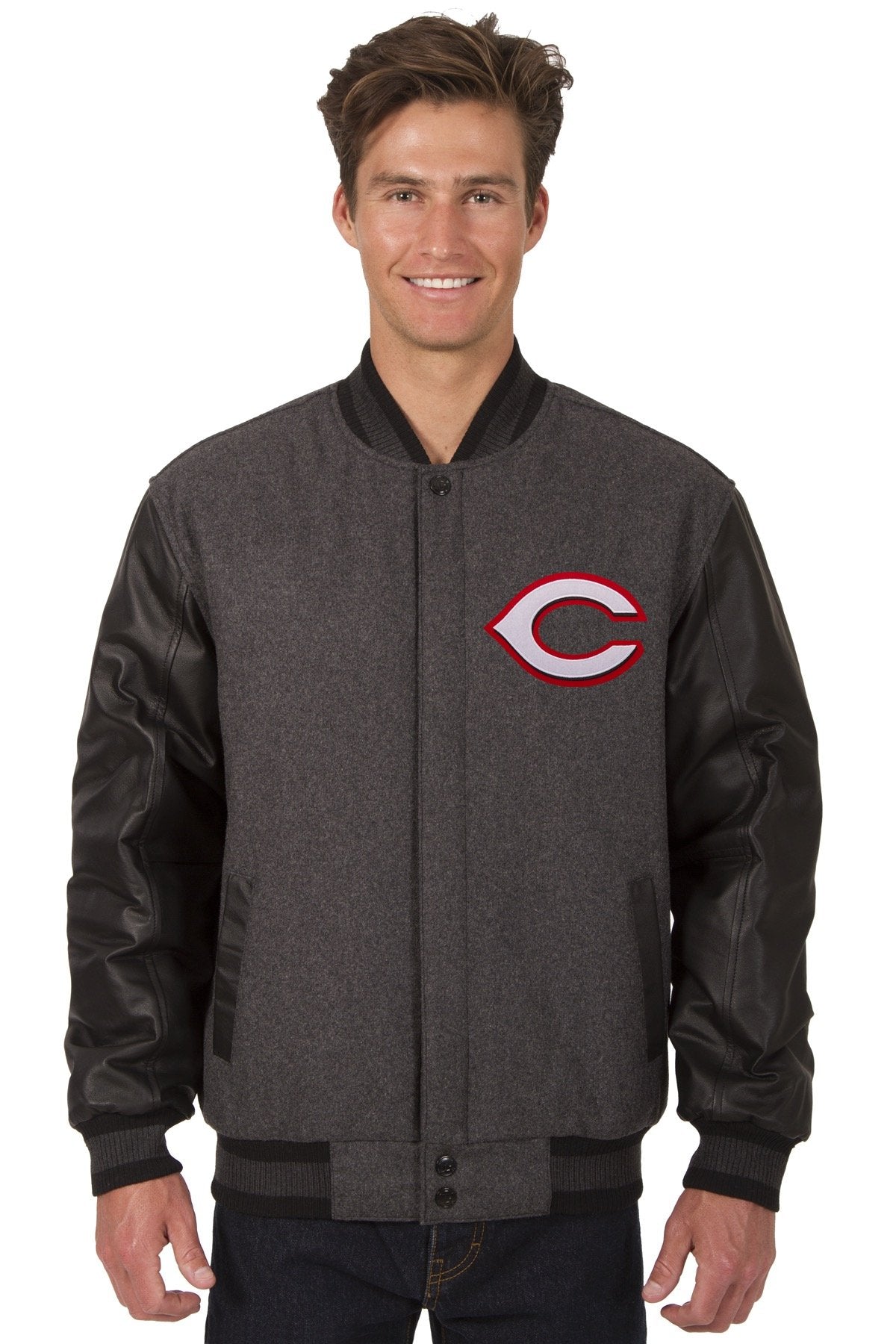 CINCINNATI REDS WOOL & LEATHER REVERSIBLE JACKET W/ EMBROIDERED LOGOS - CHARCOAL/BLACK