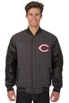 CINCINNATI REDS WOOL & LEATHER REVERSIBLE JACKET W/ EMBROIDERED LOGOS - CHARCOAL/BLACK