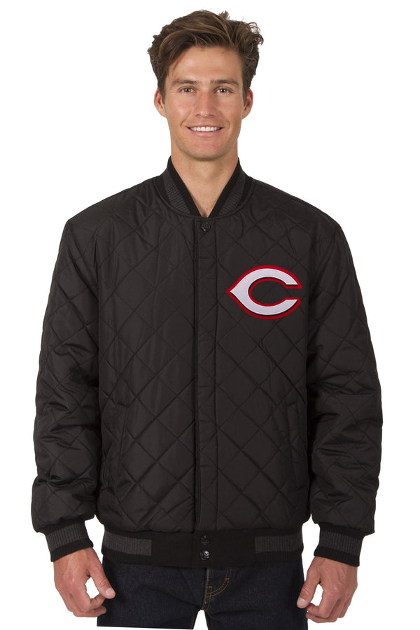 CINCINNATI REDS WOOL & LEATHER REVERSIBLE JACKET W/ EMBROIDERED LOGOS - CHARCOAL/BLACK
