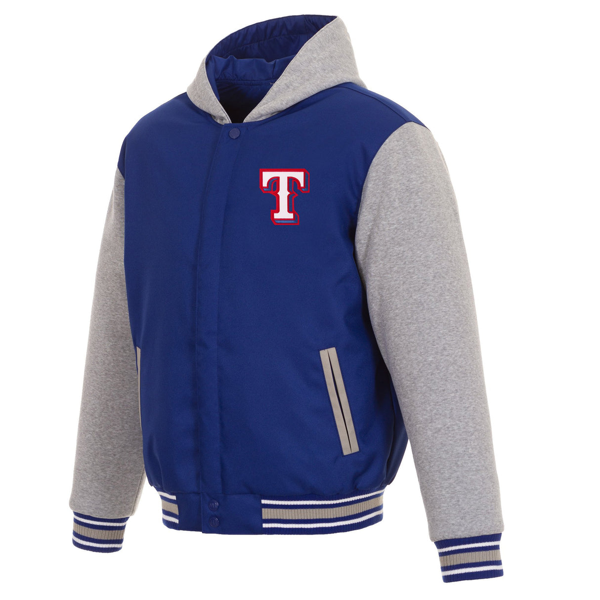 TEXAS RANGERS TWO-TONE REVERSIBLE FLEECE HOODED JACKET - ROYAL/GREY
