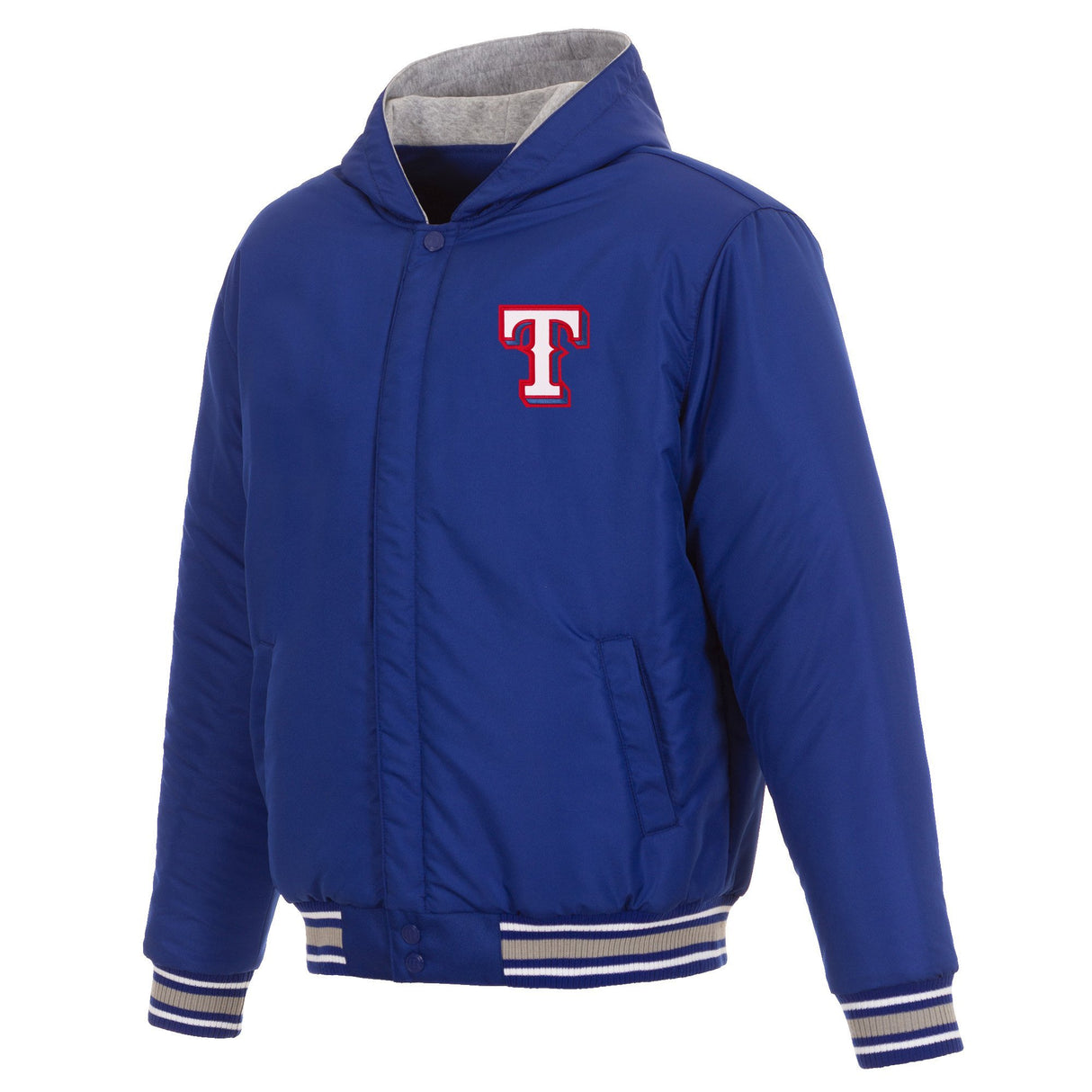 TEXAS RANGERS TWO-TONE REVERSIBLE FLEECE HOODED JACKET - ROYAL/GREY