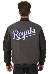 KANSAS CITY ROYALS WOOL & LEATHER REVERSIBLE JACKET W/ EMBROIDERED LOGOS - CHARCOAL/BLACK