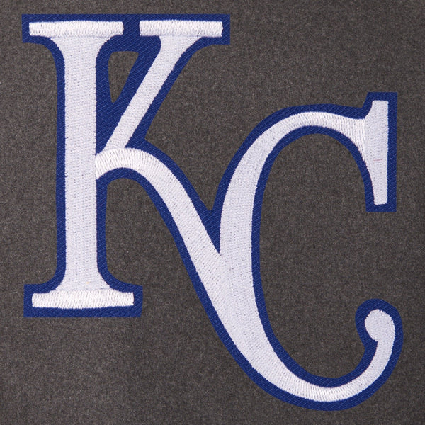 KANSAS CITY ROYALS WOOL & LEATHER REVERSIBLE JACKET W/ EMBROIDERED LOGOS - CHARCOAL/BLACK