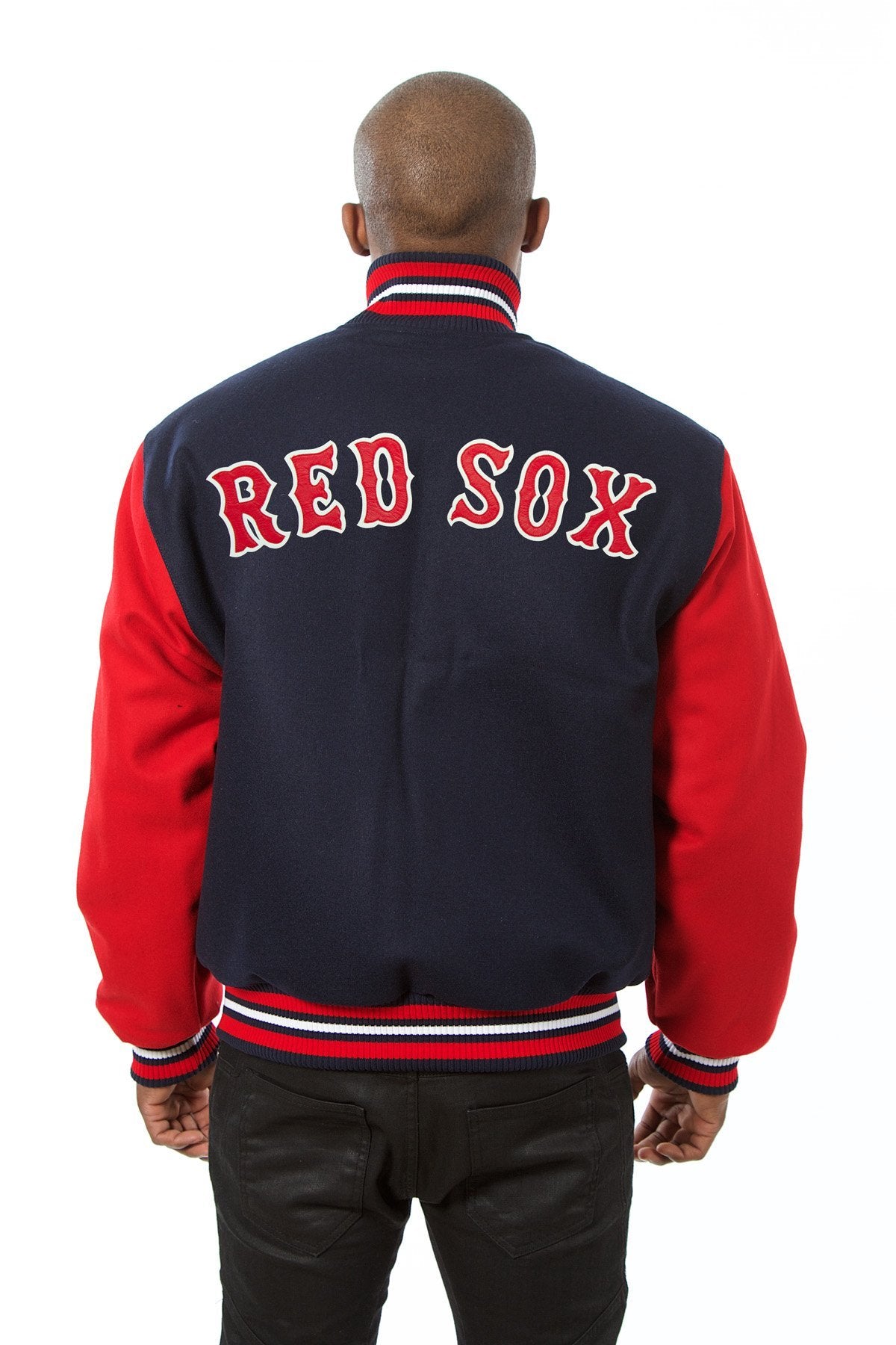 BOSTON RED SOX TWO-TONE WOOL JACKET W/ HANDCRAFTED LEATHER LOGOS - NAVY/RED