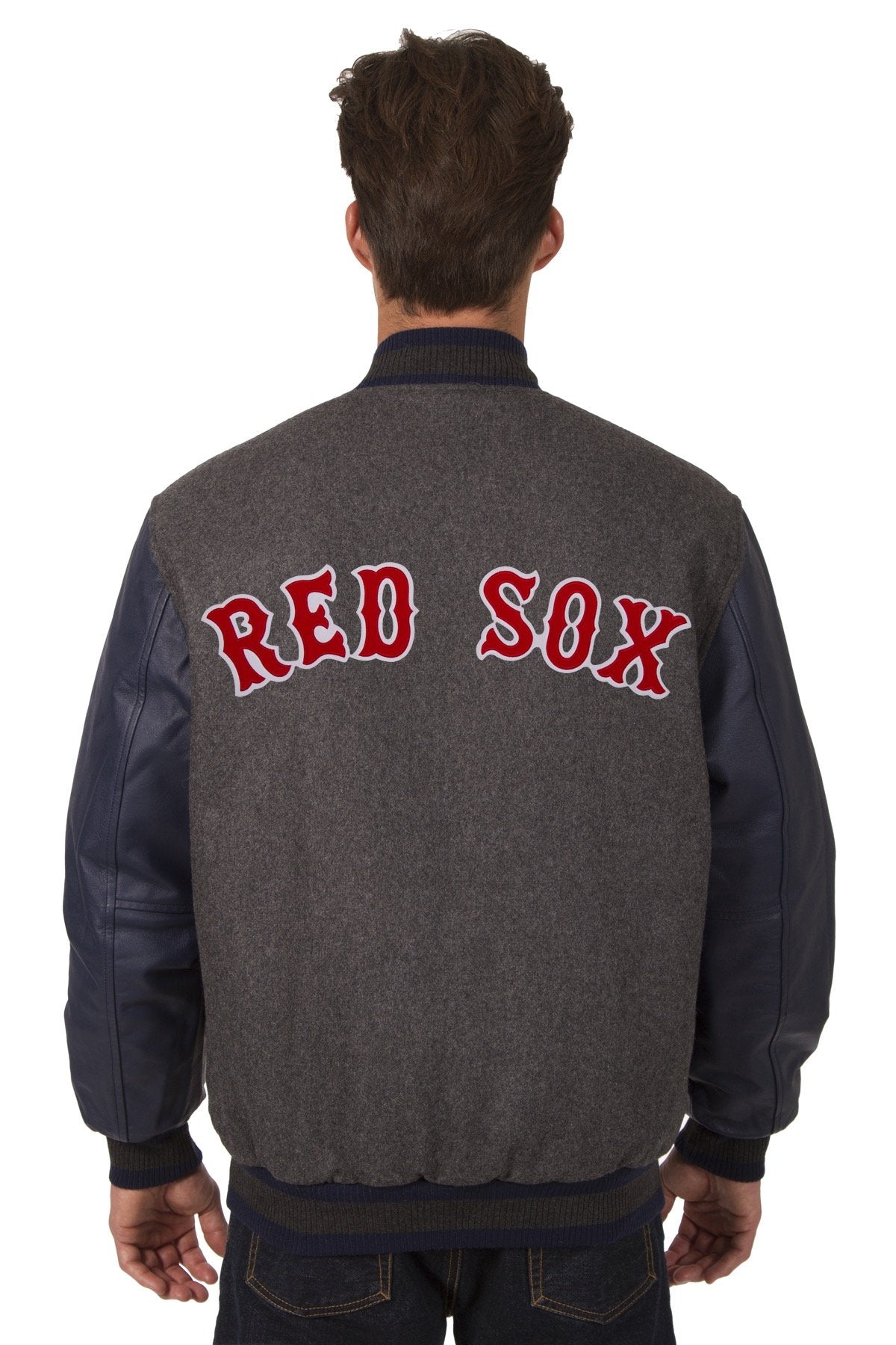 BOSTON RED SOX WOOL & LEATHER REVERSIBLE JACKET W/ EMBROIDERED LOGOS - CHARCOAL/NAVY