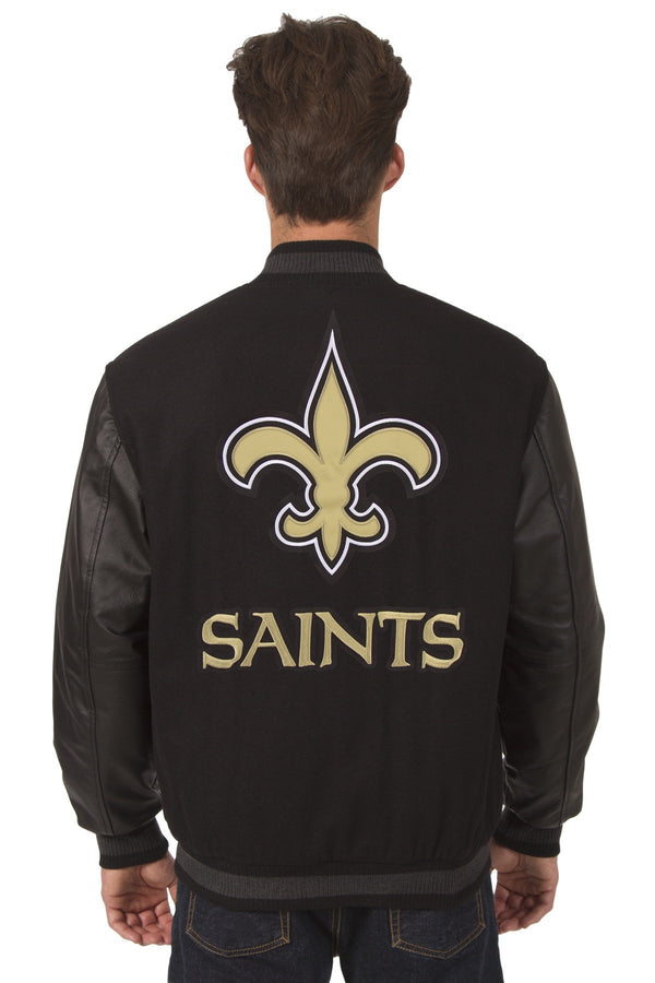 NEW ORLEANS SAINTS WOOL & LEATHER REVERSIBLE JACKET W/ EMBROIDERED LOGOS - BLACK