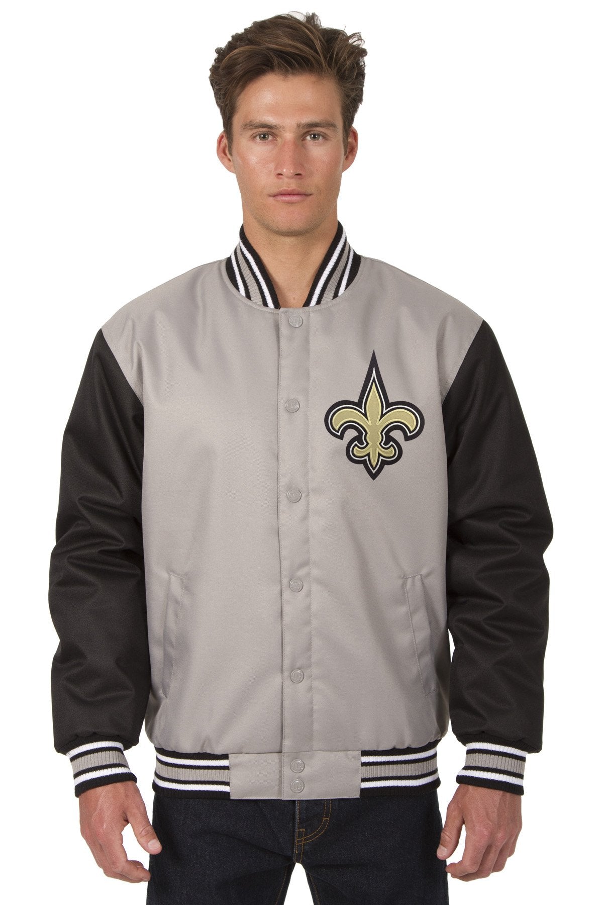 NEW ORLEANS SAINTS POLY TWILL VARSITY JACKET - GRAY/BLACK