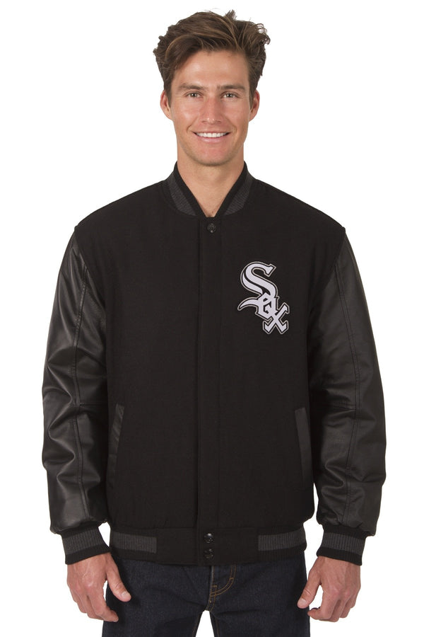CHICAGO WHITE SOX WOOL & LEATHER REVERSIBLE JACKET W/ EMBROIDERED LOGOS - BLACK