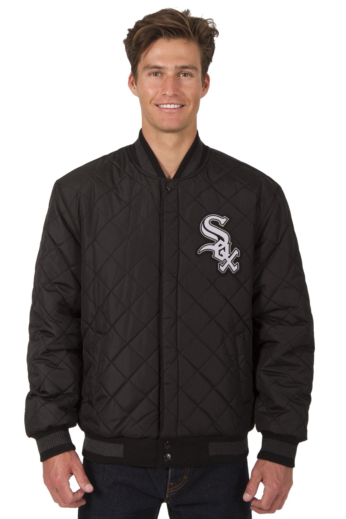 CHICAGO WHITE SOX WOOL & LEATHER REVERSIBLE JACKET W/ EMBROIDERED LOGOS - BLACK