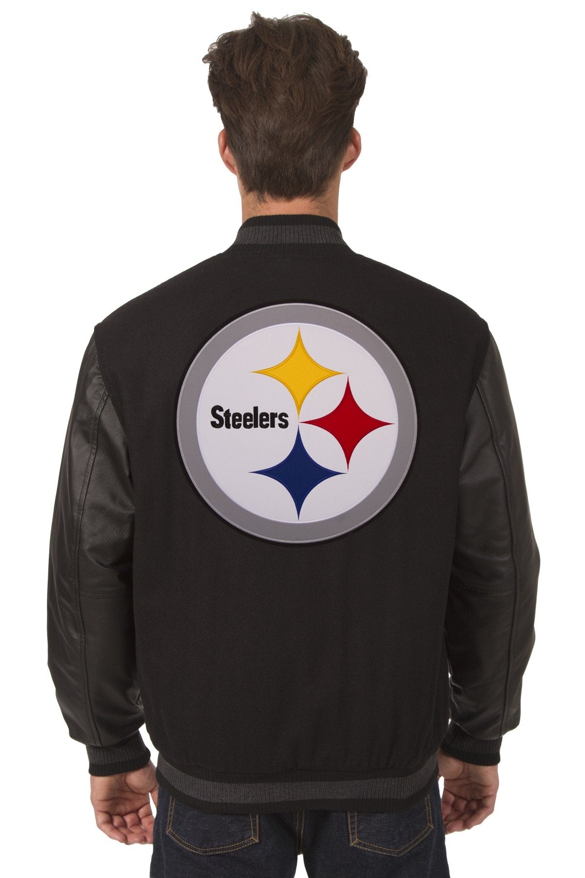 PITTSBURGH STEELERS WOOL & LEATHER REVERSIBLE JACKET W/ EMBROIDERED LOGOS - BLACK