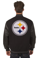 PITTSBURGH STEELERS WOOL & LEATHER REVERSIBLE JACKET W/ EMBROIDERED LOGOS - BLACK