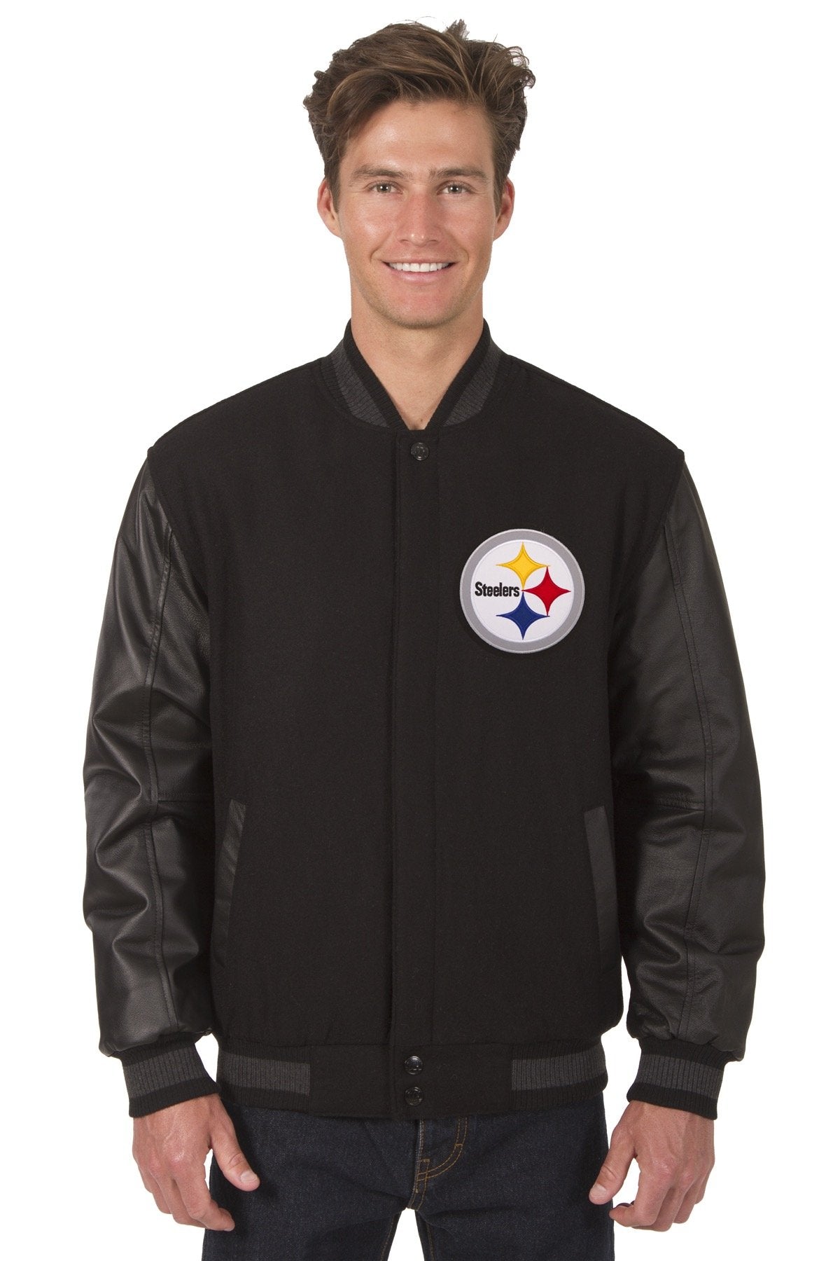 PITTSBURGH STEELERS WOOL & LEATHER REVERSIBLE JACKET W/ EMBROIDERED LOGOS - BLACK