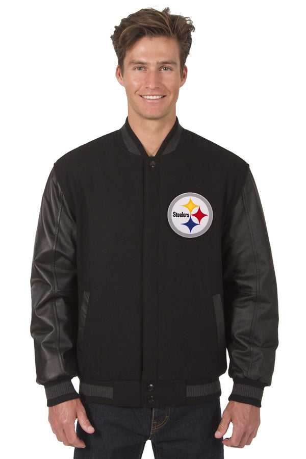 PITTSBURGH STEELERS WOOL & LEATHER REVERSIBLE JACKET W/ EMBROIDERED LOGOS - BLACK