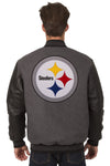 PITTSBURGH STEELERS WOOL & LEATHER REVERSIBLE JACKET W/ EMBROIDERED LOGOS - CHARCOAL/BLACK