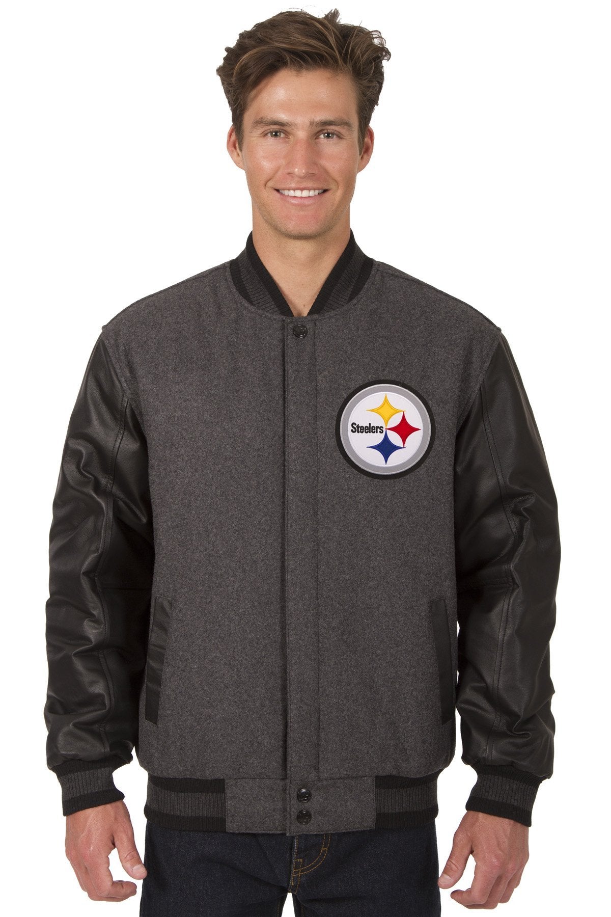 PITTSBURGH STEELERS WOOL & LEATHER REVERSIBLE JACKET W/ EMBROIDERED LOGOS - CHARCOAL/BLACK
