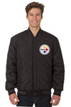 PITTSBURGH STEELERS WOOL & LEATHER REVERSIBLE JACKET W/ EMBROIDERED LOGOS - CHARCOAL/BLACK