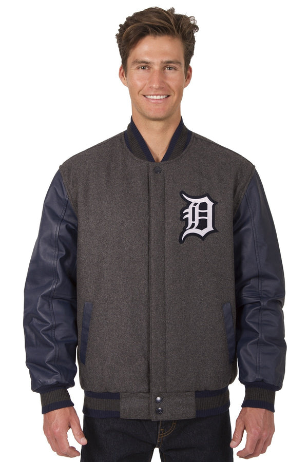 DETROIT TIGERS WOOL & LEATHER REVERSIBLE JACKET W/ EMBROIDERED LOGOS - CHARCOAL/NAVY